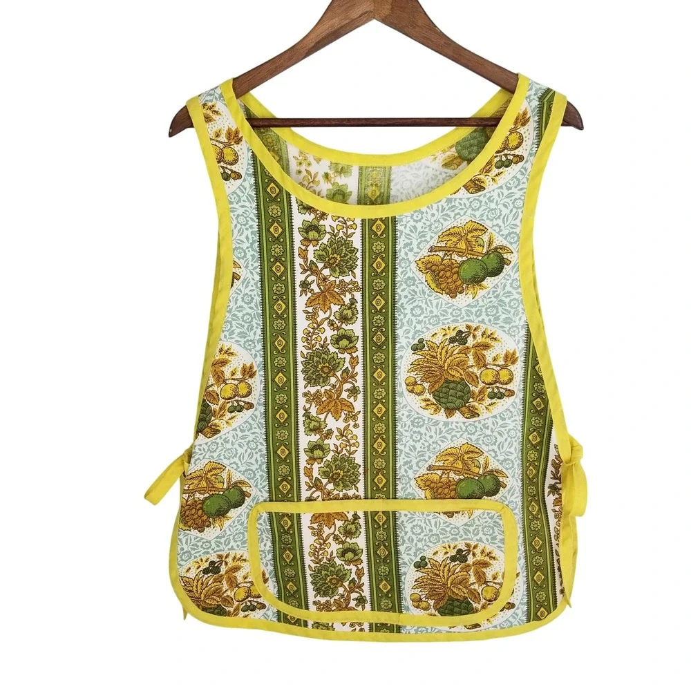 Vintage Handmade Tabard Apron Green Yellow Fruit Floral Botanical Smock Pocket